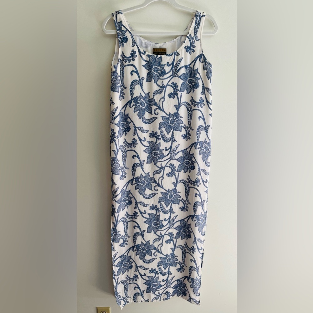 Vintage 100% Silk White Blue Floral Maxi Dress, Side Slits, Women's Small